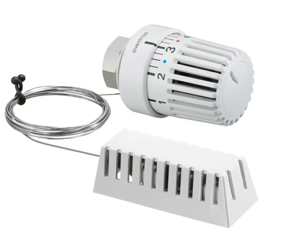 Thermostat von Oventrop in Weiß mit einem Drehregler und einem externen Fühlerkabel. Der Fühler ist in einem kompakten, weißen Gehäuse untergebracht.